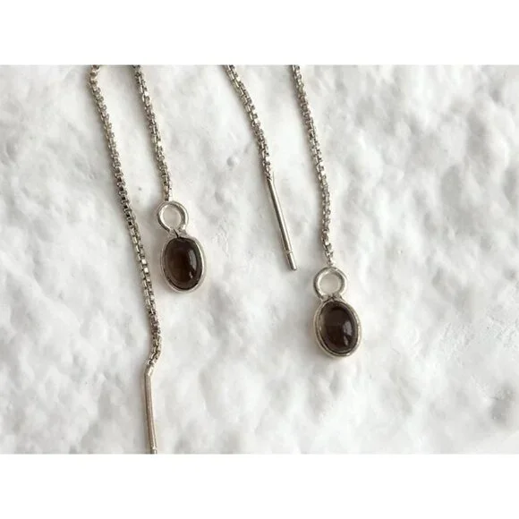 Teardrop Shaped Smoke Glass Threader Style Sterling Silver 925 Dangle Earrings - Picture 6 of 9